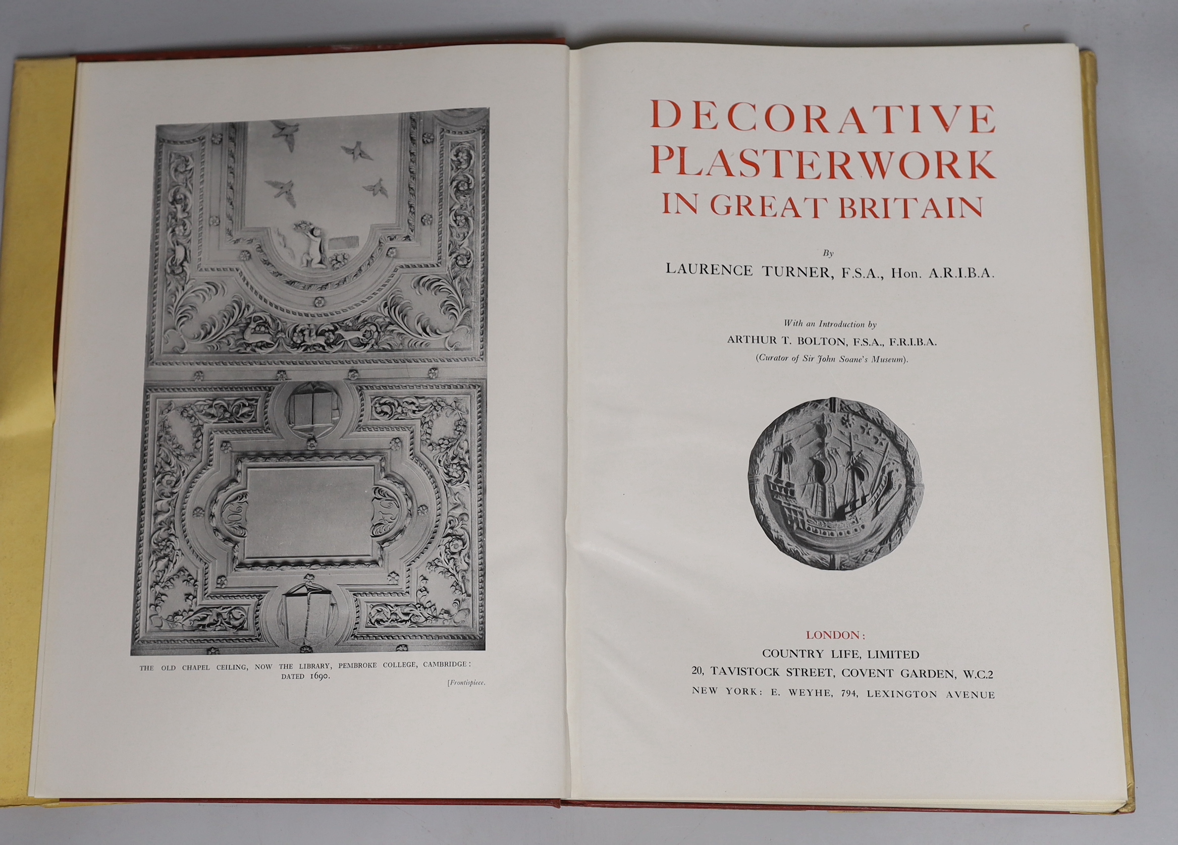 Symonds, R.W – Furniture Making in Seventeenth and Eighteenth Century England, original cloth, 1955 and Turner, L – Decorative Plasterwork, original cloth, dust jacket, 1927, (2), £120